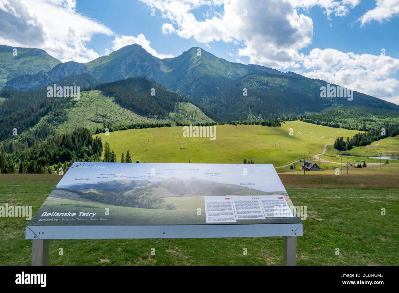 View of the Belianske Tatras and the information board in the ski resort of Ždiar. Slovakia, Europe. Stock Photo