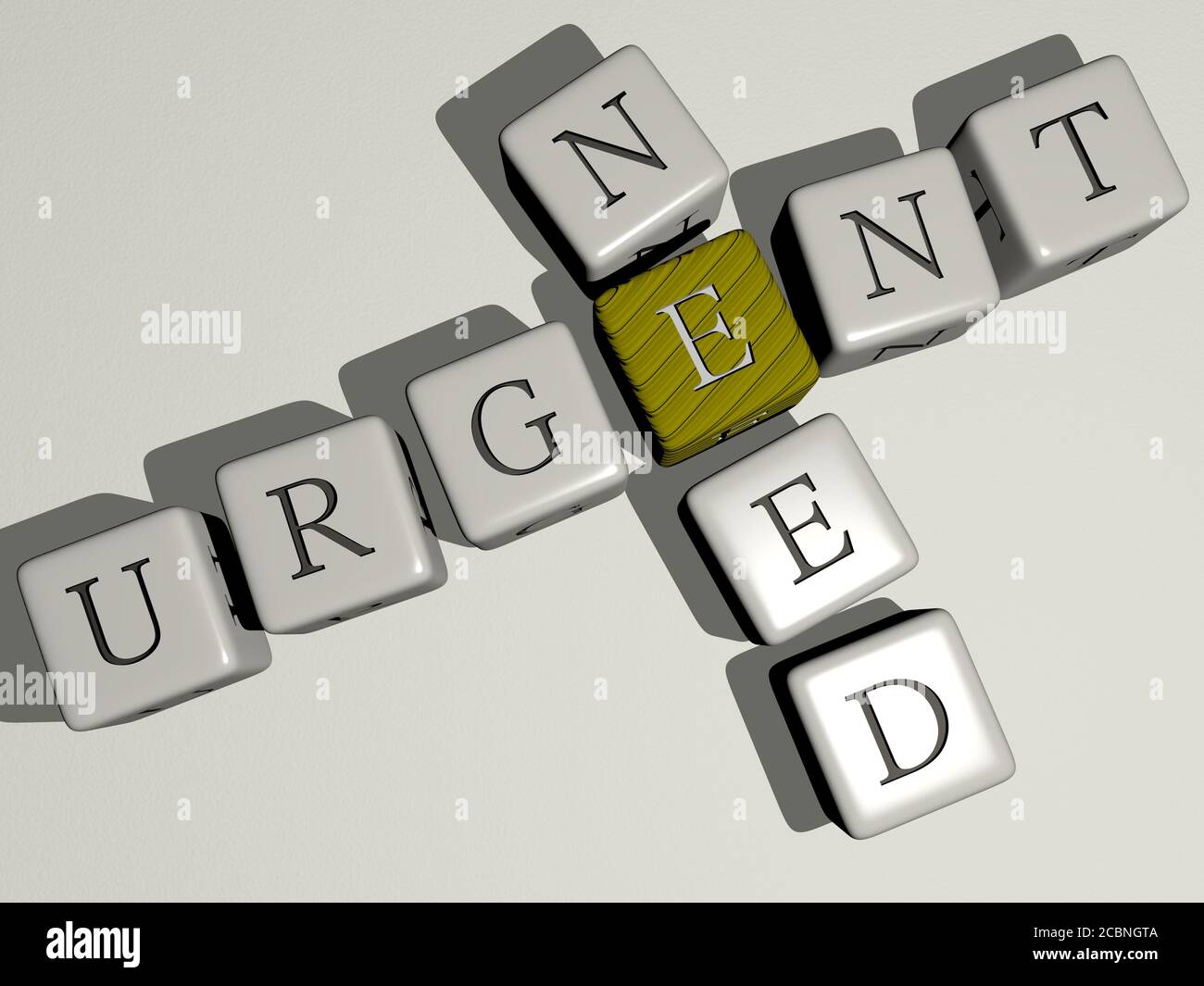 urgent need crossword by cubic dice letters, 3D illustration for