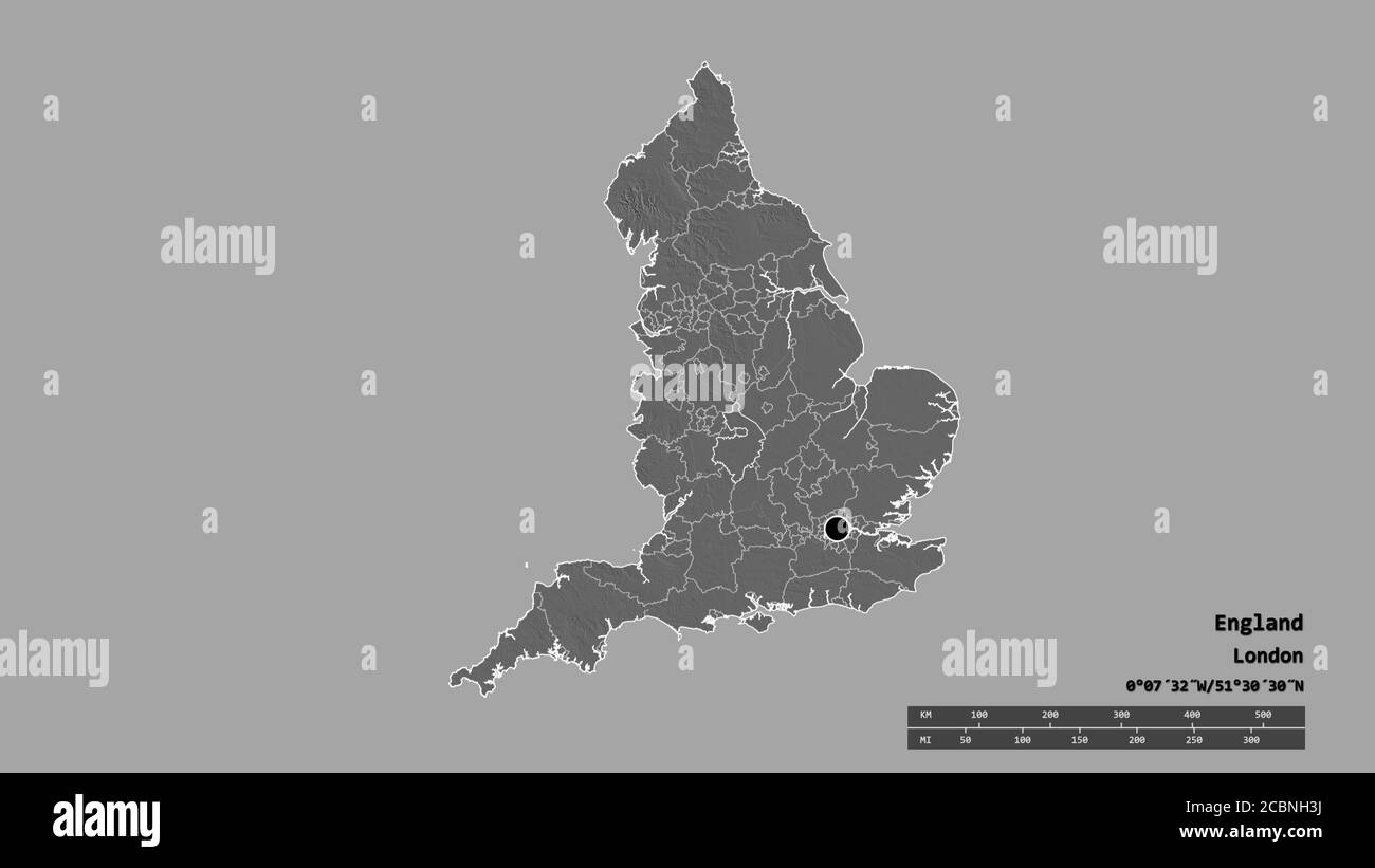 Desaturated shape of England with its capital, main regional division and the separated Warwickshire area. Labels. Bilevel elevation map. 3D rendering Stock Photo