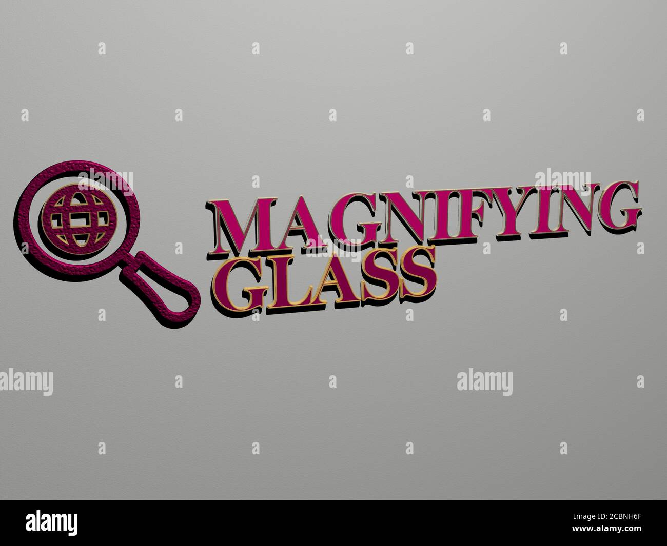 magnifying glass icon and text on the wall, 3D illustration for concept ...