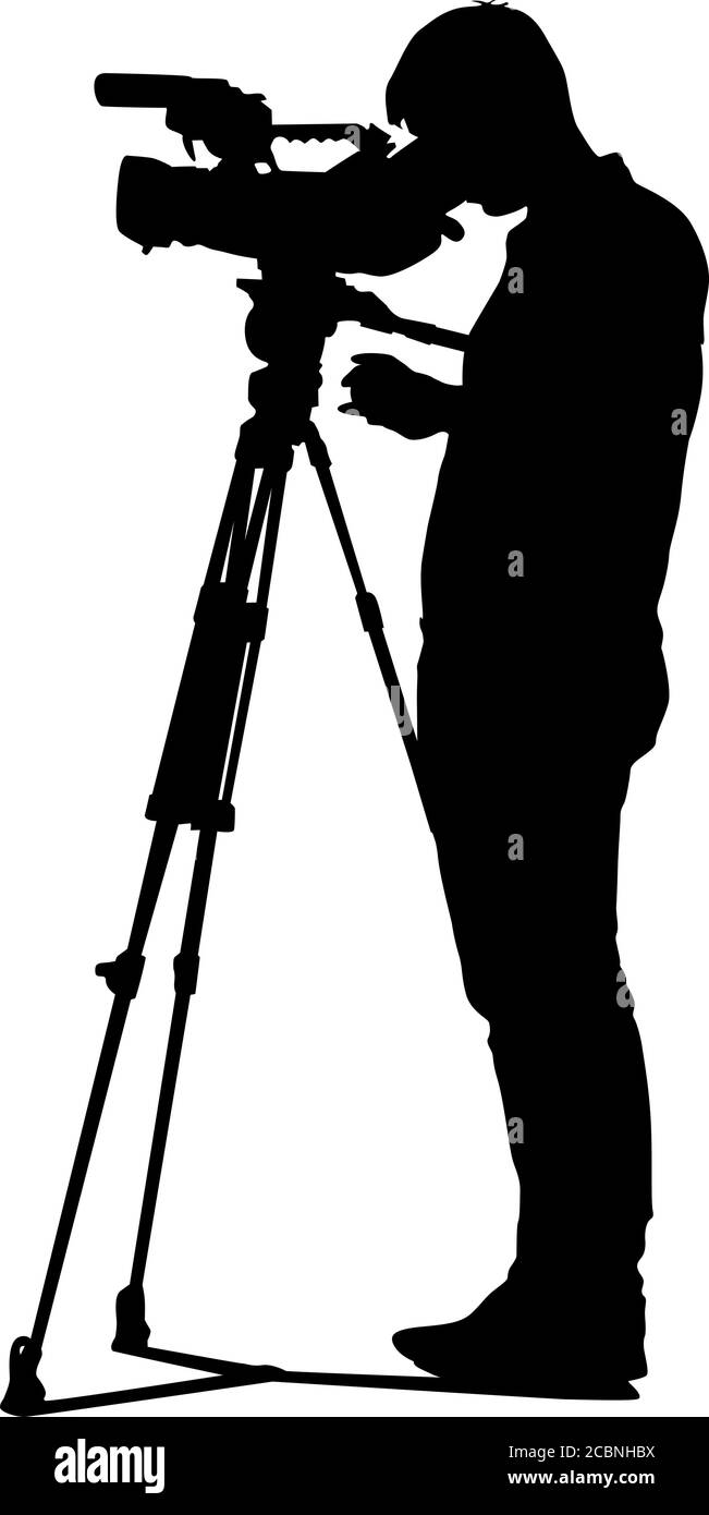 Cameraman with video camera. Silhouettes on white background. Stock Vector