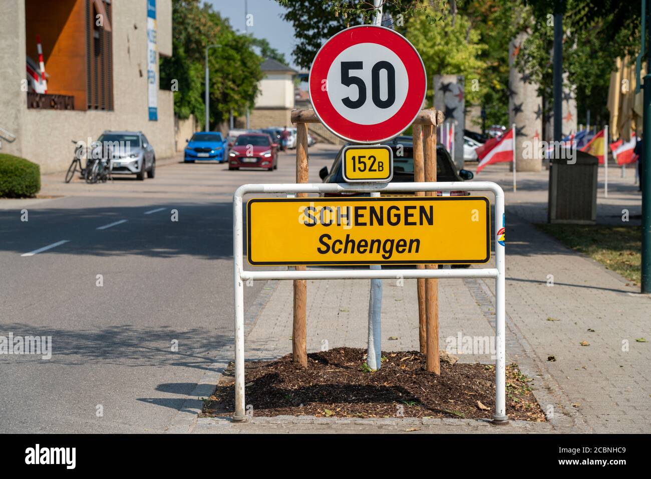 The town of Schengen, on the Moselle, in the Grand Duchy of Luxembourg, where the Schengen Agreement of 1985 was signed, town sign, Stock Photo
