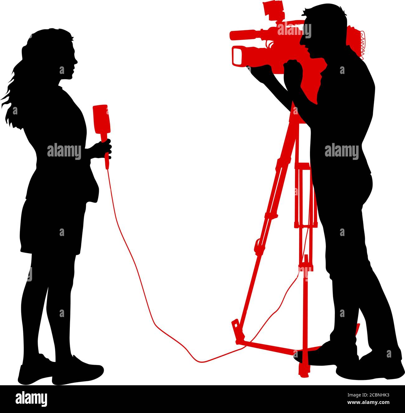Silhouette operator removes journalist with microphone on a white background. Stock Vector