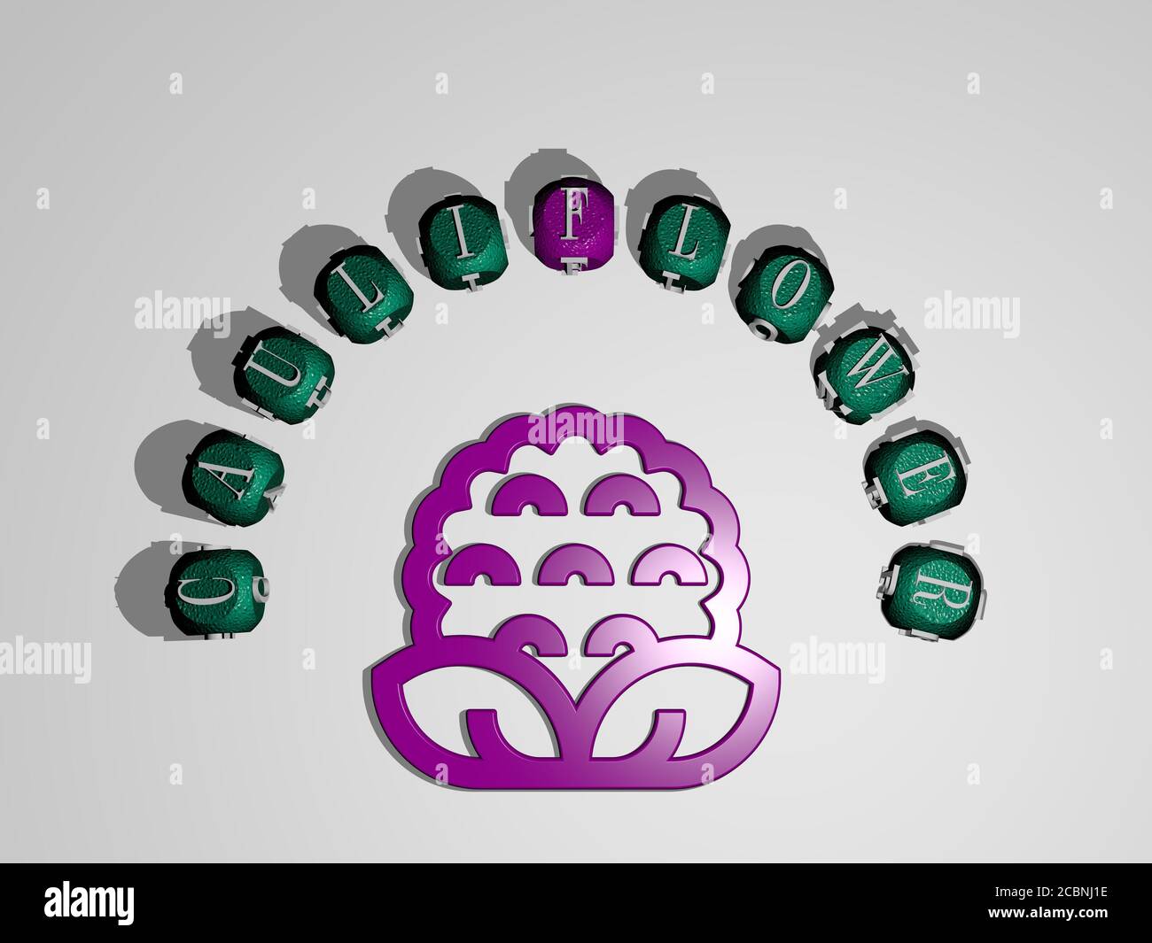 cauliflower icon surrounded by the text of individual letters, 3D ...