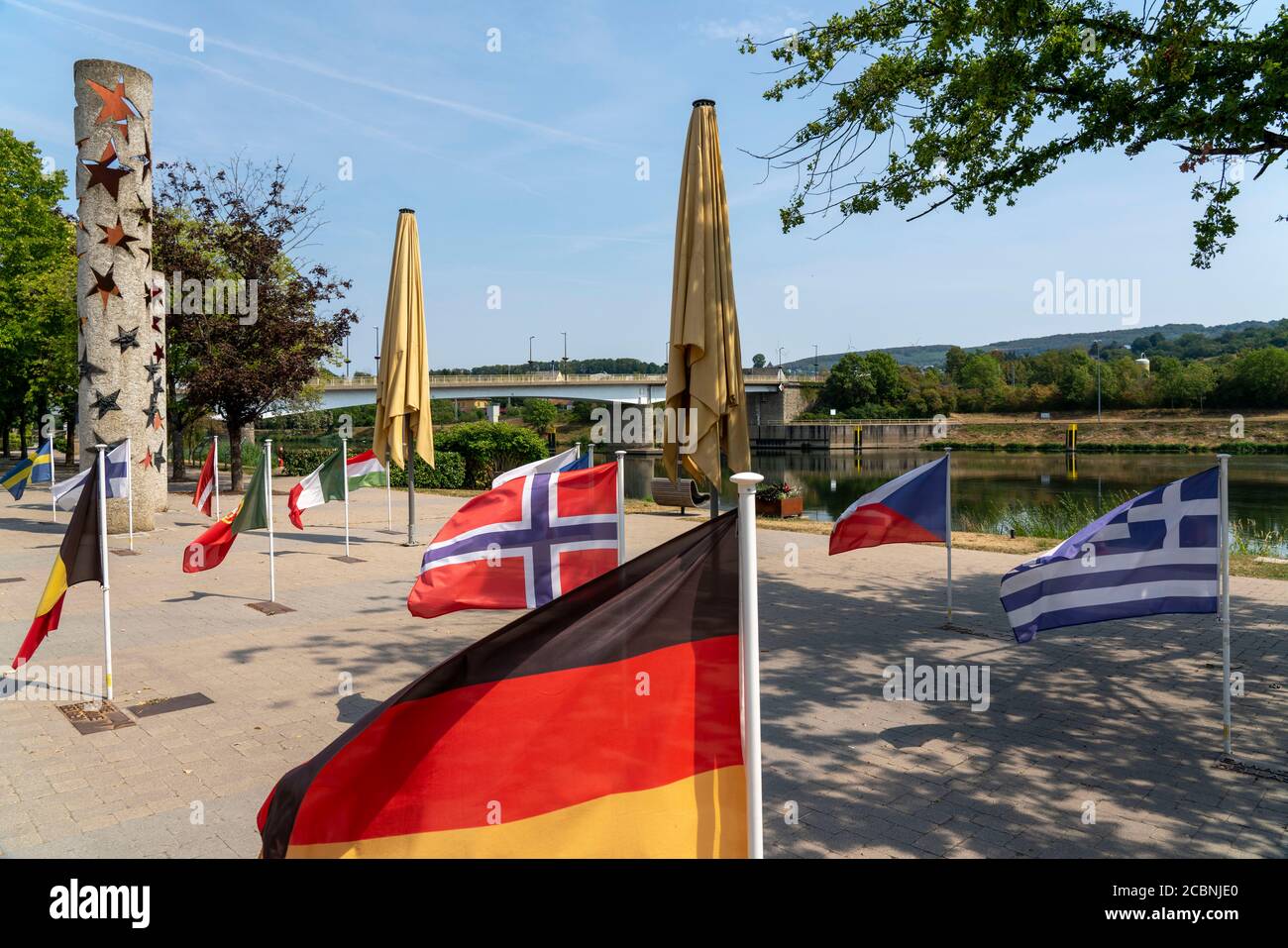 The town of Schengen, on the Moselle, in the Grand Duchy of Luxembourg, where the Schengen Agreement of 1985 was signed, European Monument at the Muse Stock Photo