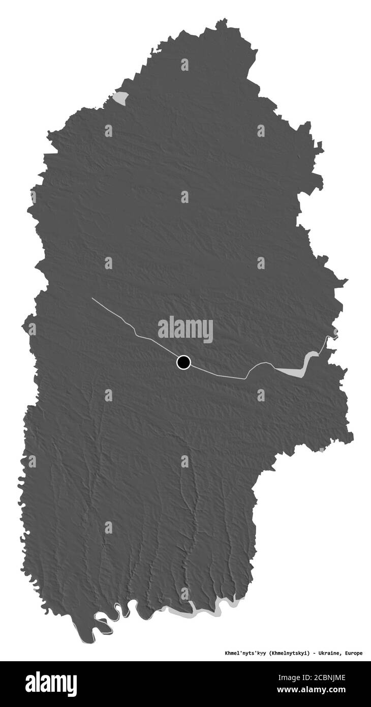 Shape of Khmel'nyts'kyy, region of Ukraine, with its capital isolated on white background. Bilevel elevation map. 3D rendering Stock Photo