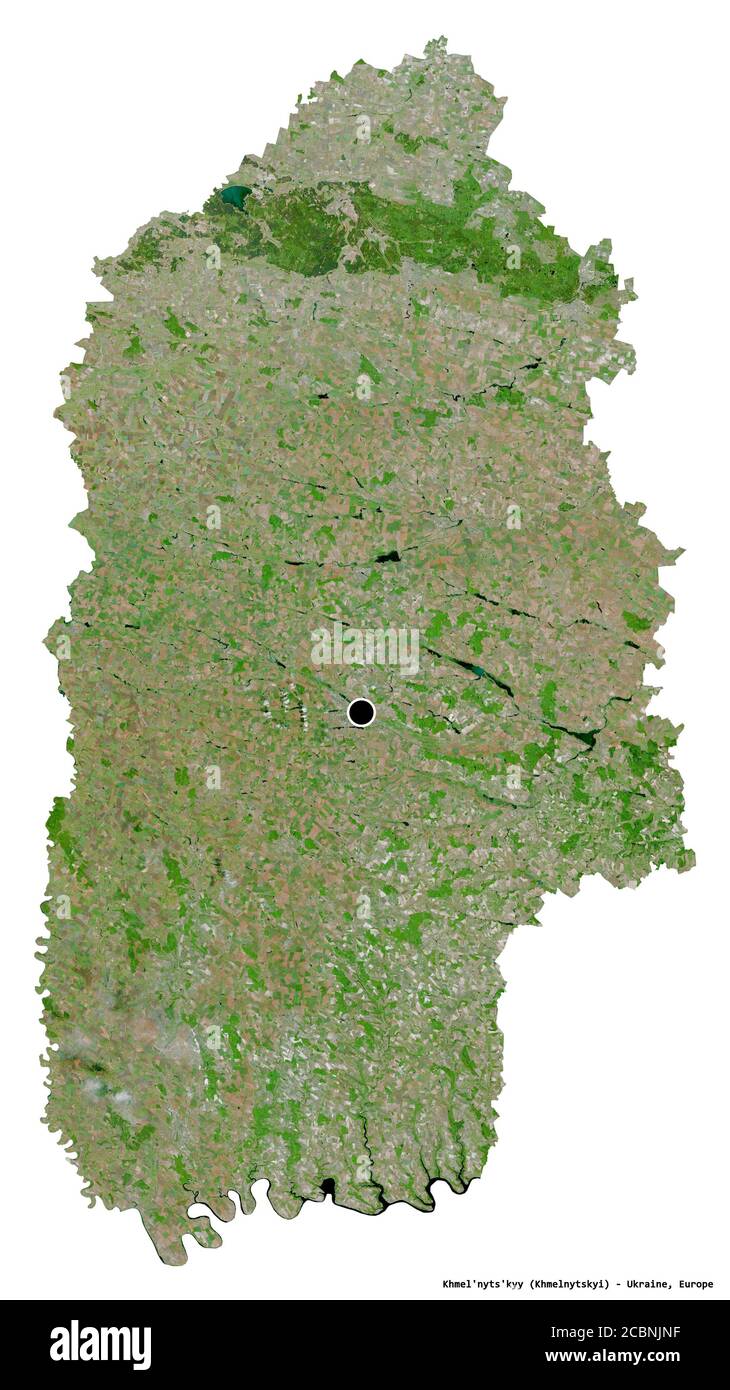 Shape of Khmel'nyts'kyy, region of Ukraine, with its capital isolated on white background. Satellite imagery. 3D rendering Stock Photo