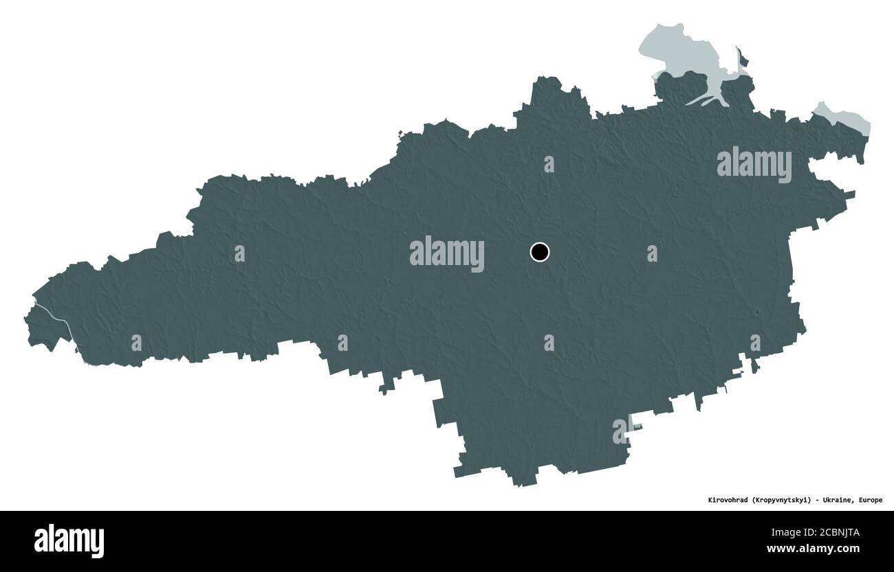 Shape of Kirovohrad, region of Ukraine, with its capital isolated on white background. Colored elevation map. 3D rendering Stock Photo