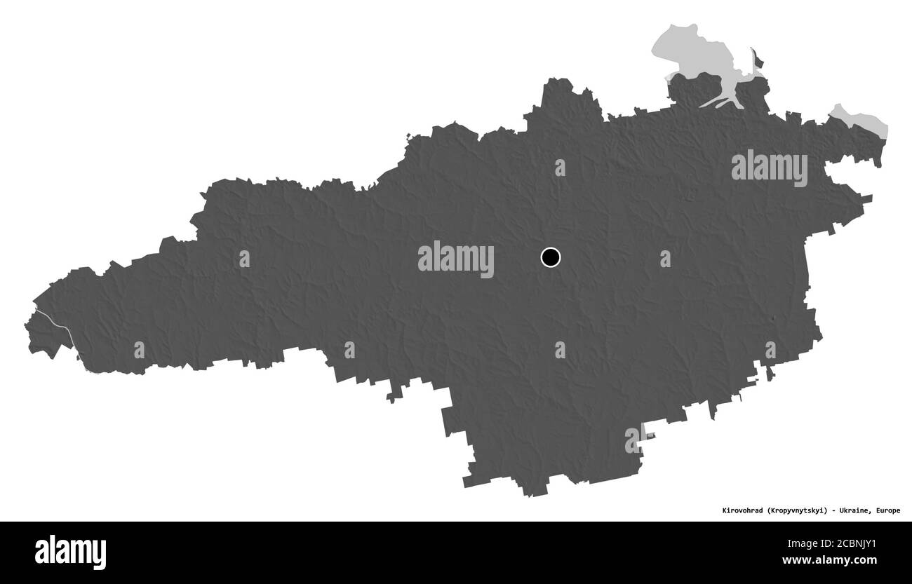 Shape of Kirovohrad, region of Ukraine, with its capital isolated on white background. Bilevel elevation map. 3D rendering Stock Photo