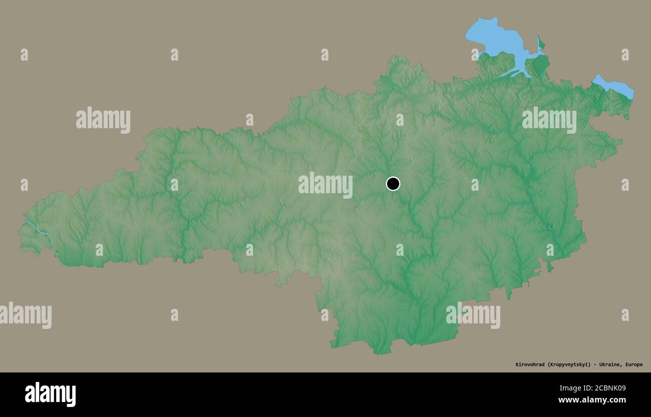 Shape of Kirovohrad, region of Ukraine, with its capital isolated on a solid color background. Topographic relief map. 3D rendering Stock Photo