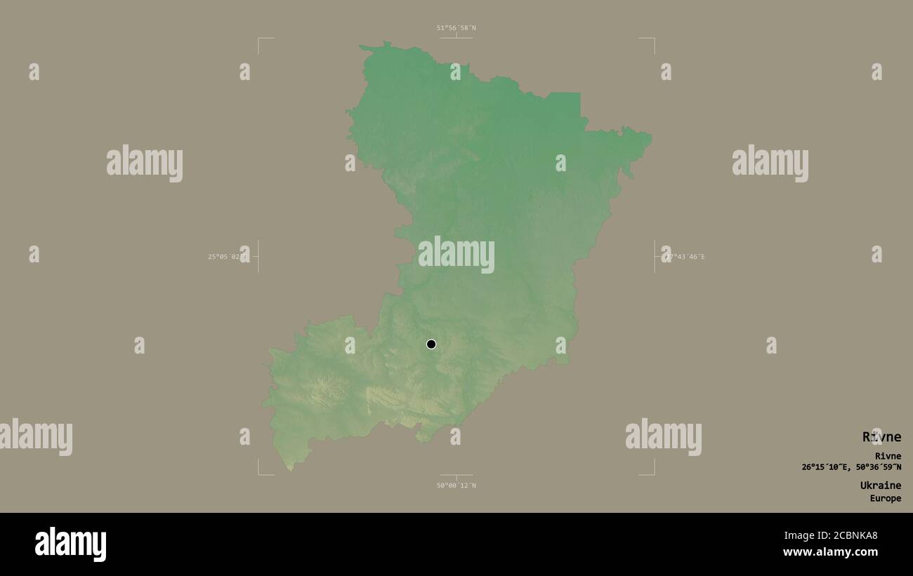Area of Rivne, region of Ukraine, isolated on a solid background in a georeferenced bounding box. Labels. Topographic relief map. 3D rendering Stock Photo