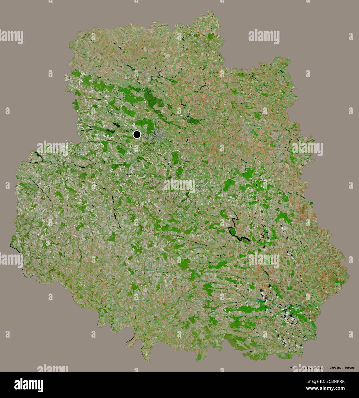 Shape of Vinnytsya, region of Ukraine, with its capital isolated on a solid color background. Satellite imagery. 3D rendering Stock Photo