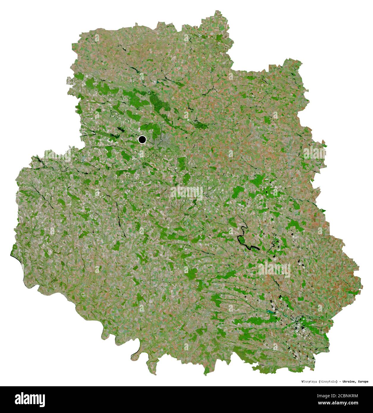 Shape of Vinnytsya, region of Ukraine, with its capital isolated on white background. Satellite imagery. 3D rendering Stock Photo