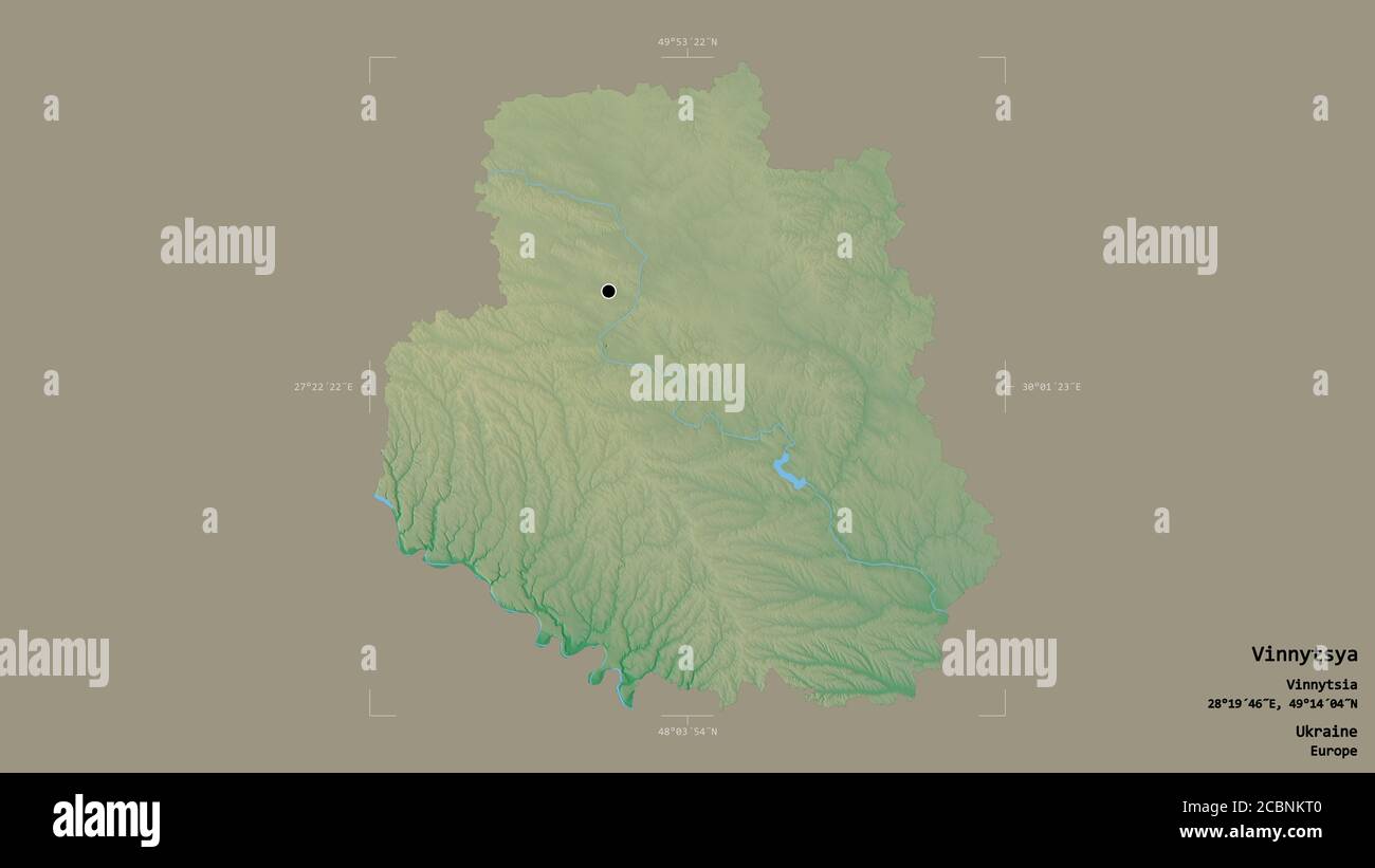 Area of Vinnytsya, region of Ukraine, isolated on a solid background in a georeferenced bounding box. Labels. Topographic relief map. 3D rendering Stock Photo