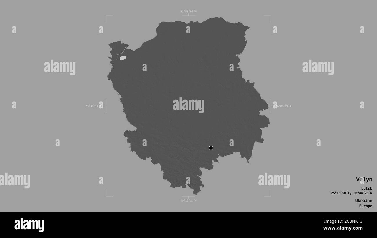 Area of Volyn, region of Ukraine, isolated on a solid background in a georeferenced bounding box. Labels. Bilevel elevation map. 3D rendering Stock Photo