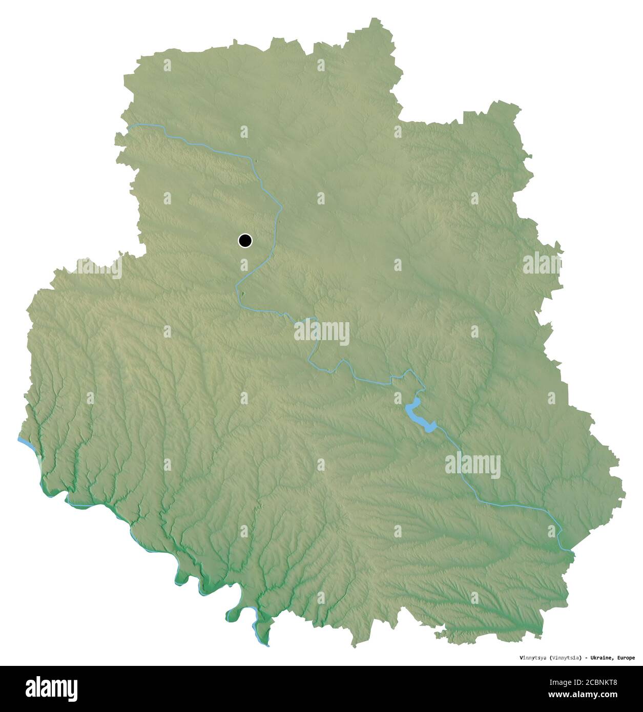 Shape of Vinnytsya, region of Ukraine, with its capital isolated on white background. Topographic relief map. 3D rendering Stock Photo