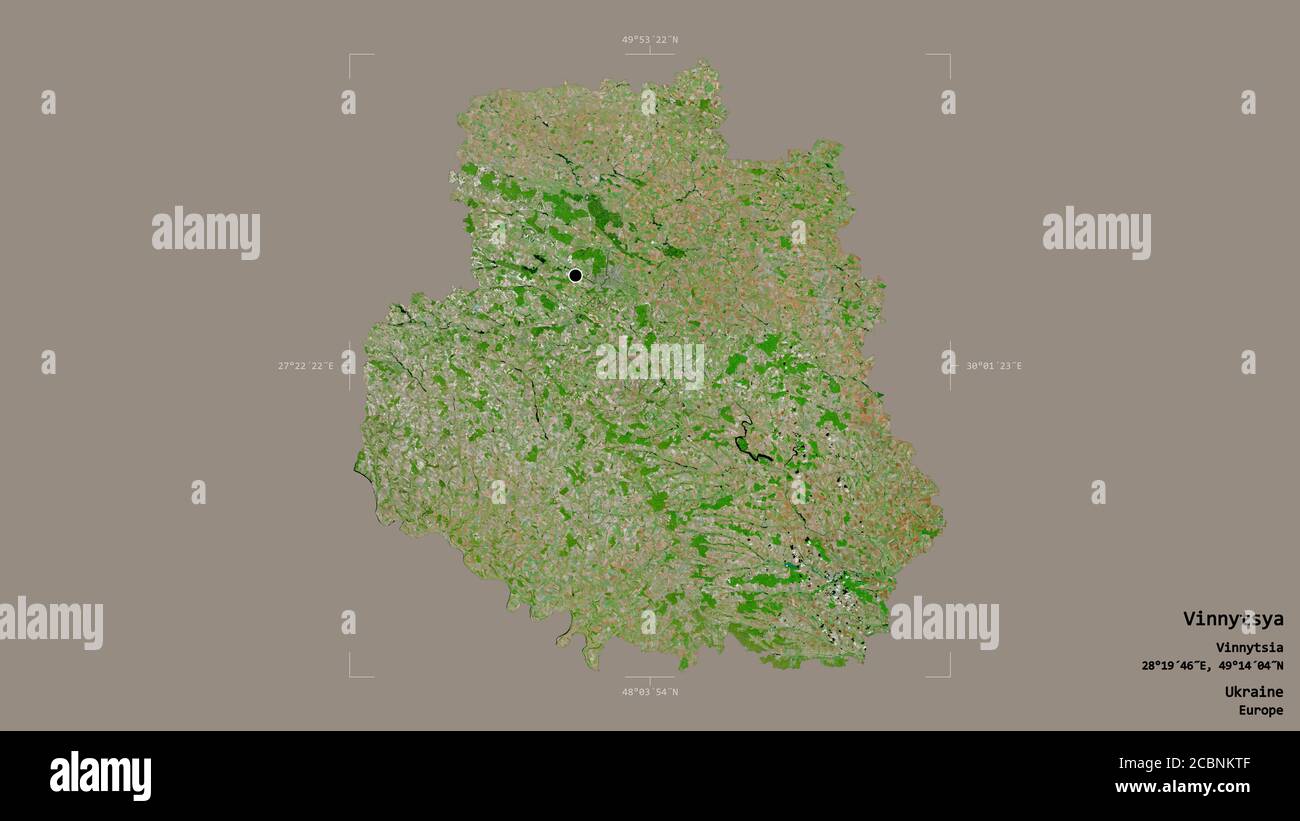 Area of Vinnytsya, region of Ukraine, isolated on a solid background in a georeferenced bounding box. Labels. Satellite imagery. 3D rendering Stock Photo