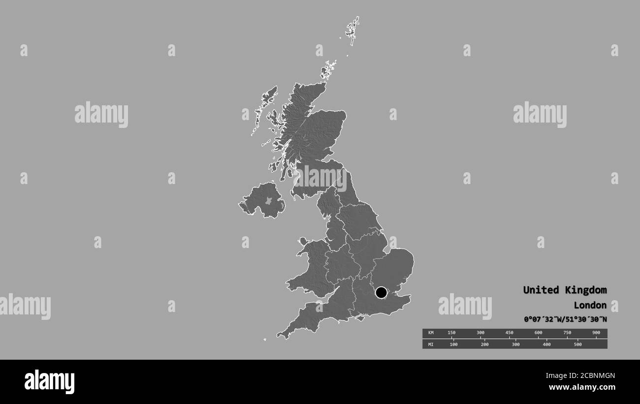 Desaturated shape of United Kingdom with its capital, main regional division and the separated North West area. Labels. Bilevel elevation map. 3D rend Stock Photo