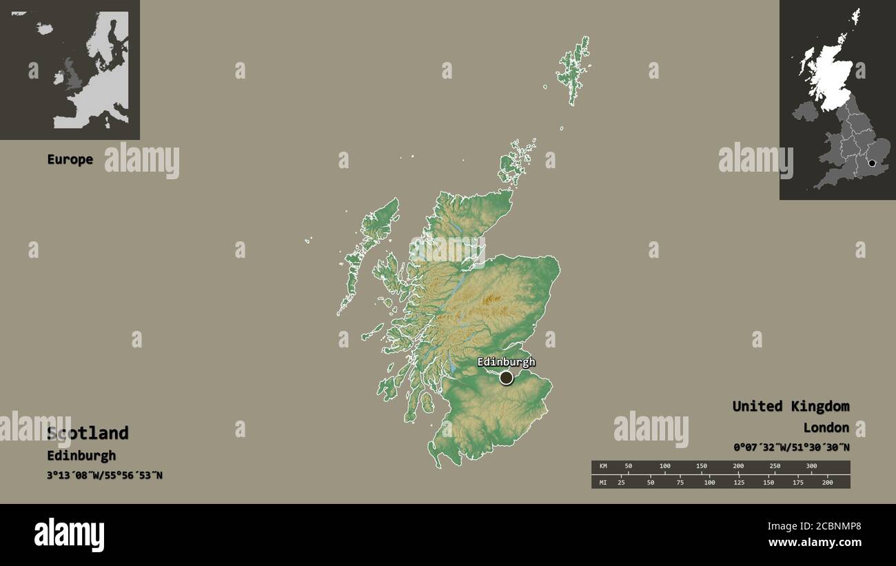 Shape of Scotland, region of United Kingdom, and its capital. Distance  scale, previews and labels. Topographic relief map. 3D rendering Stock  Photo - Alamy