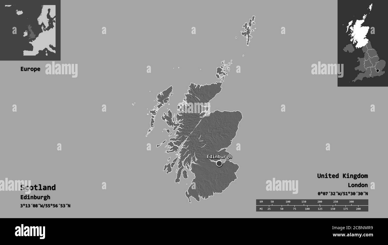 Distance And Elevation Map Shape Of Scotland, Region Of United Kingdom, And Its Capital. Distance  Scale, Previews And Labels. Bilevel Elevation Map. 3D Rendering Stock Photo  - Alamy