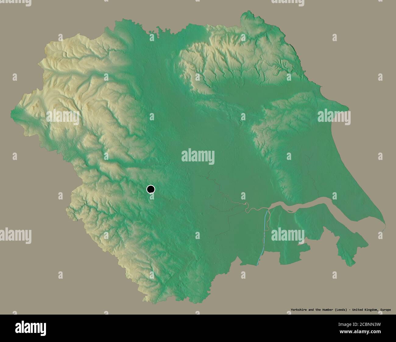 Shape of Yorkshire and the Humber, region of United Kingdom, with its capital isolated on a solid color background. Topographic relief map. 3D renderi Stock Photo