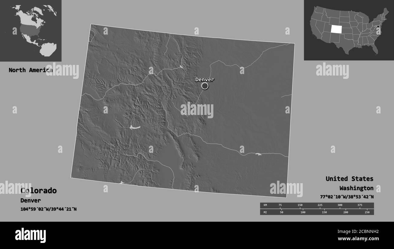 Shape of Colorado, state of Mainland United States, and its capital