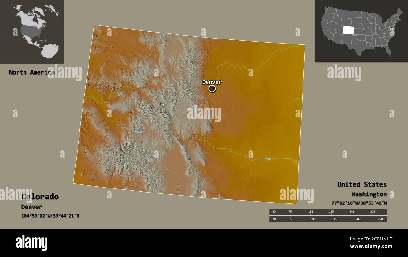 Shape of Colorado, state of Mainland United States, and its capital