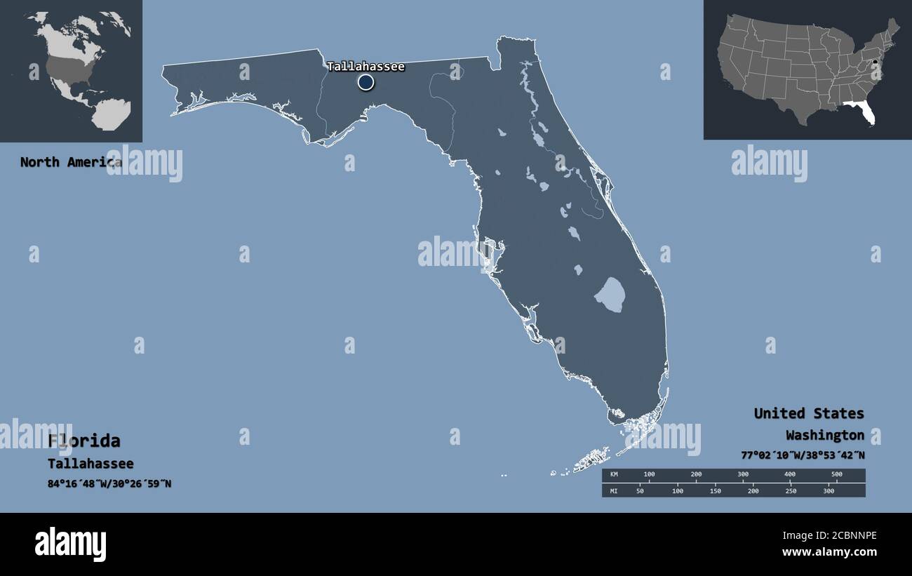 3d Elevation Map Of Florida Shape Of Florida State Of Mainland United States And Its Capital Distance Scale Previews And Labels Colored Elevation Map 3d Rendering Stock Photo Alamy