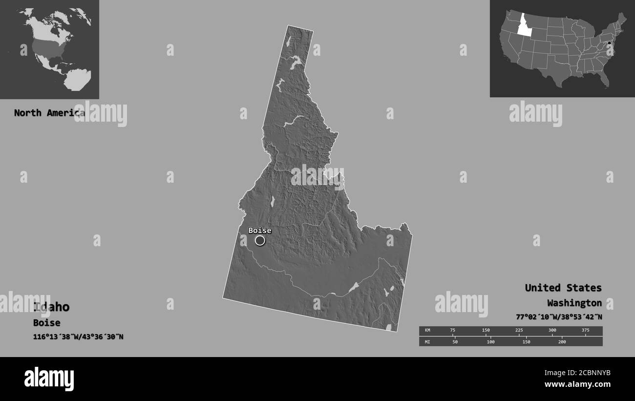 Shape of Idaho, state of Mainland United States, and its capital