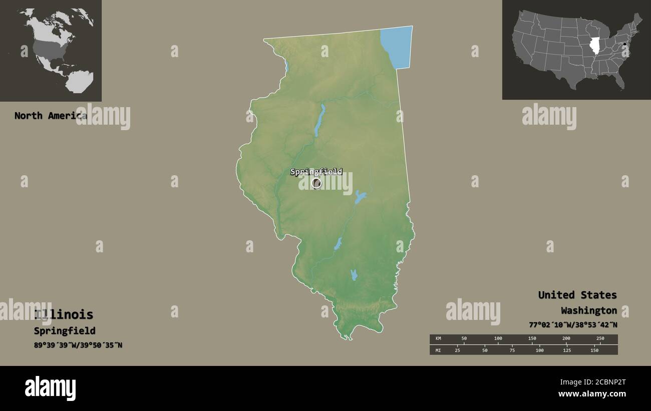 Shape of Illinois, state of Mainland United States, and its capital