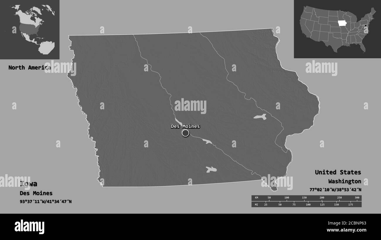 Shape of Iowa, state of Mainland United States, and its capital