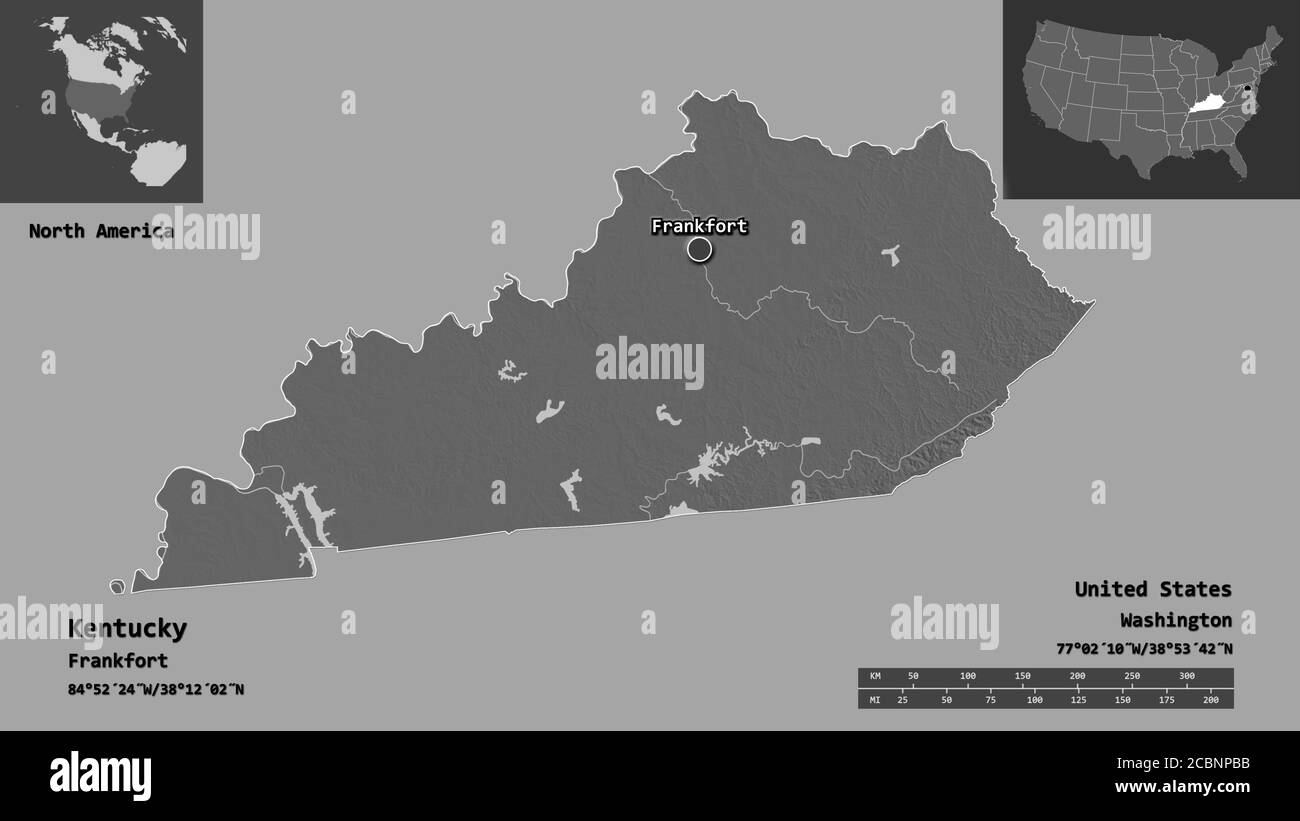 Shape of Kentucky, state of Mainland United States, and its capital. Distance scale, previews and labels. Bilevel elevation map. 3D rendering Stock Photo