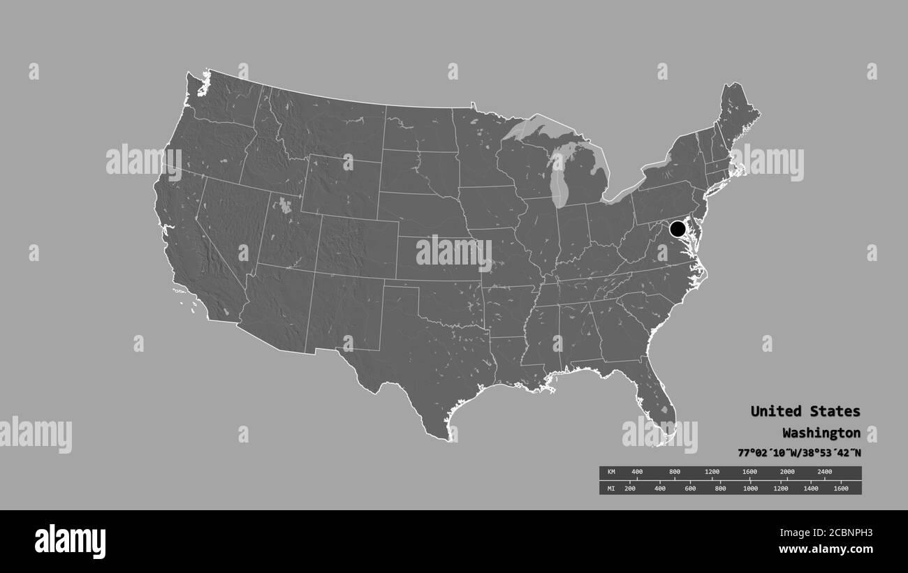 Desaturated shape of Mainland United States with its capital, main regional division and the separated Maine area. Labels. Bilevel elevation map. 3D r Stock Photo