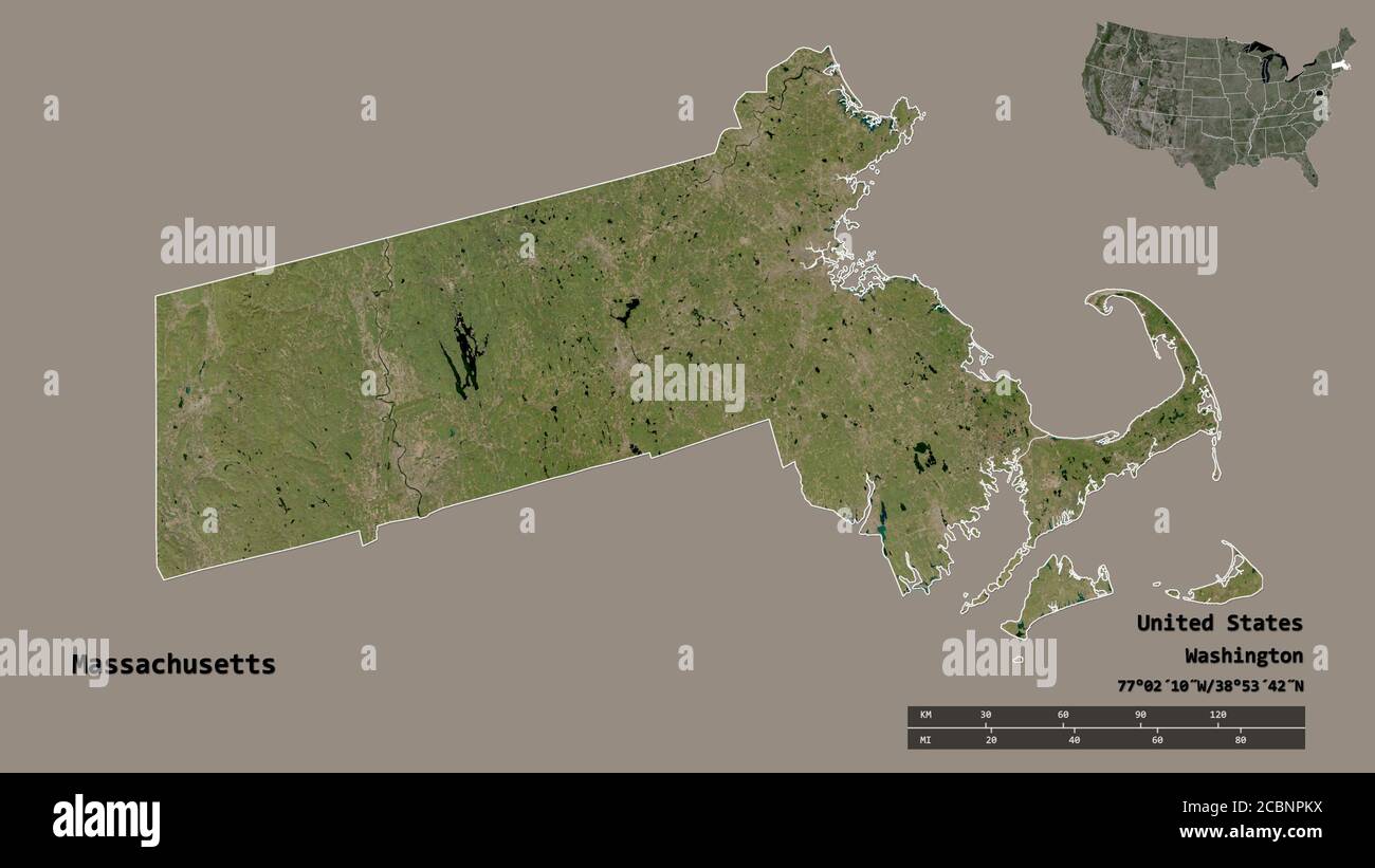 Map Satellite Geography Massachusetts Hi Res Stock Photography And Shape Of Massachusetts State Of Mainland United States With Its Capital Isolated On Solid Background Distance Scale Region Preview And Labels Sat 2CBNPKX 