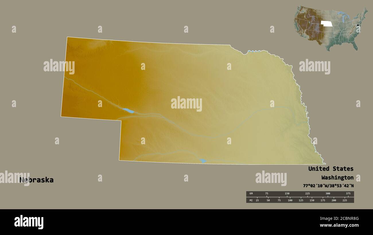 Shape of Nebraska, state of Mainland United States, with its capital