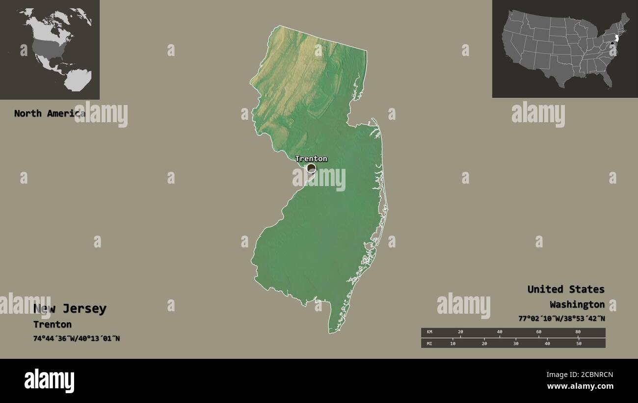 Shape of New Jersey, state of Mainland United States, and its capital