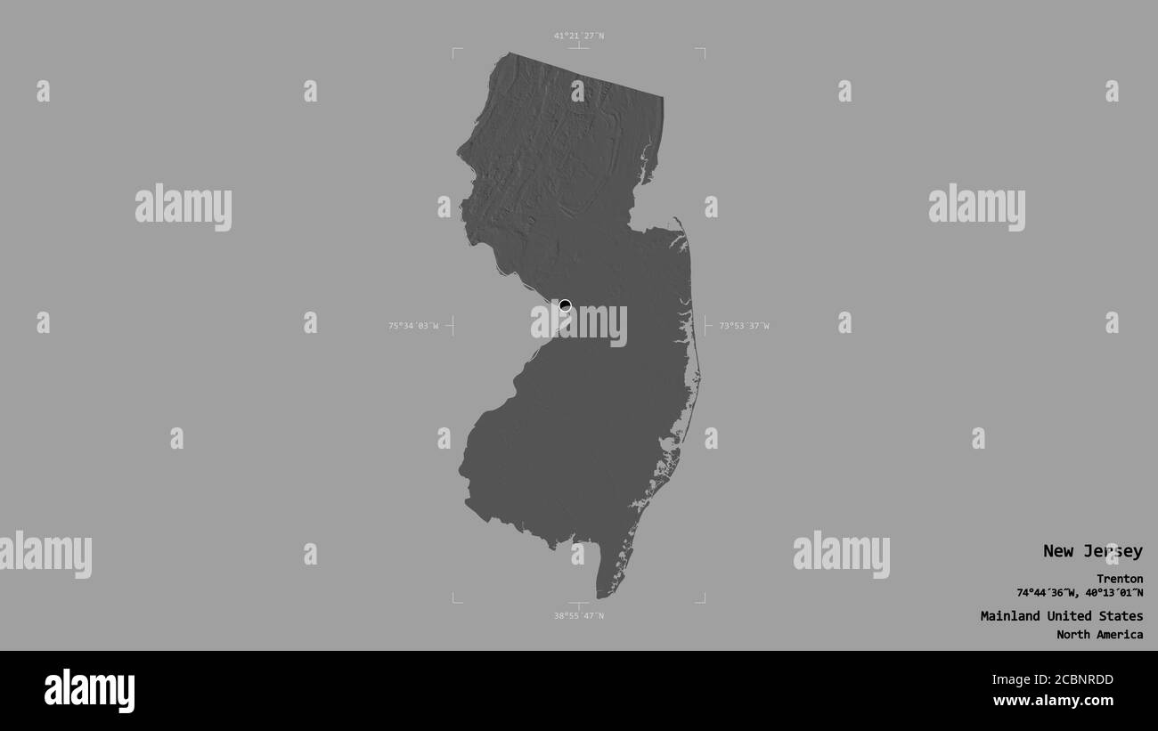 Area of New Jersey, state of Mainland United States, isolated on a solid background in a georeferenced bounding box. Labels. Bilevel elevation map. 3D Stock Photo