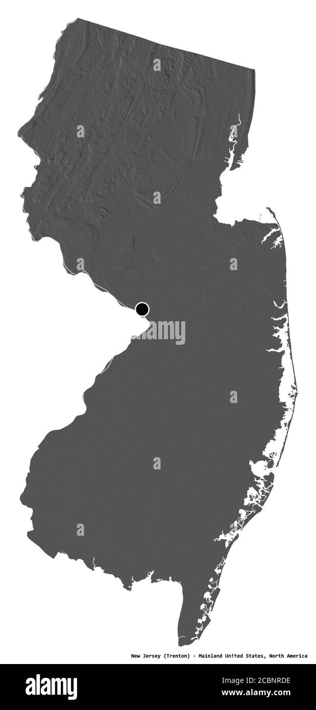 Shape of New Jersey, state of Mainland United States, with its capital isolated on white background. Bilevel elevation map. 3D rendering Stock Photo