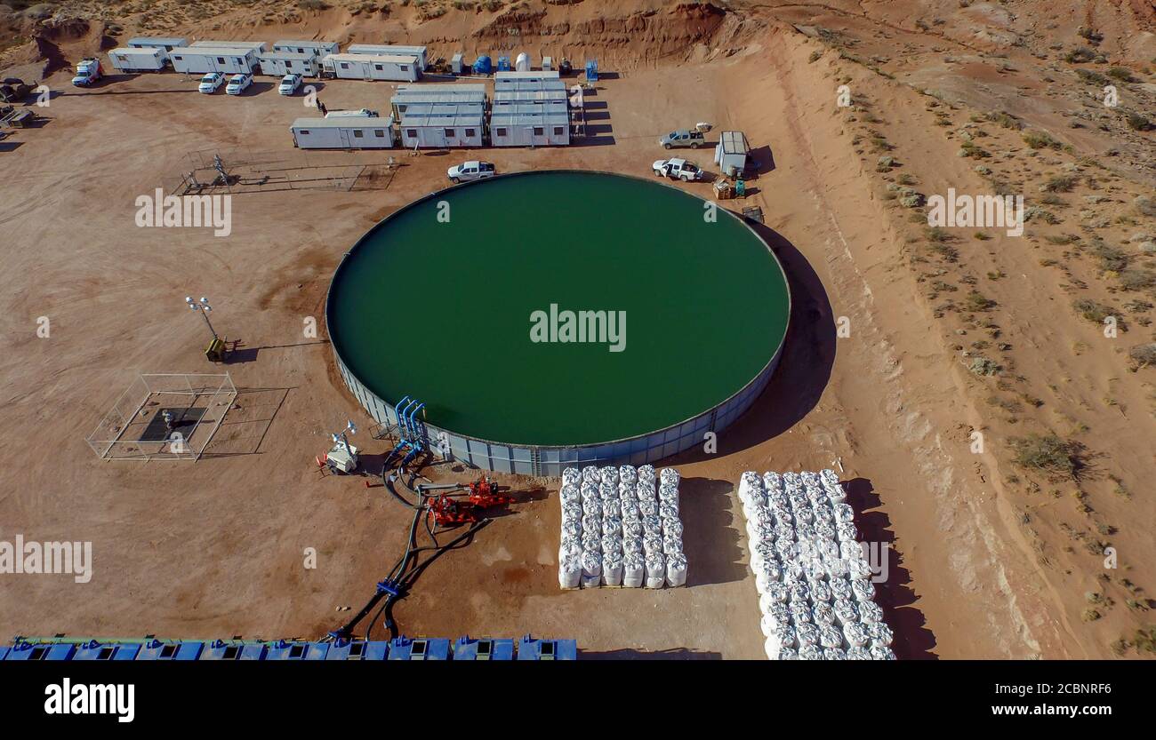 Aerial view of water and sand for hydraulic fracturing for oil extraction in Vaca Muerta, Argentina Stock Photo