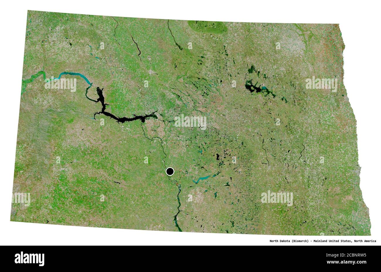 Shape of North Dakota, state of Mainland United States, with its capital isolated on white background. Satellite imagery. 3D rendering Stock Photo