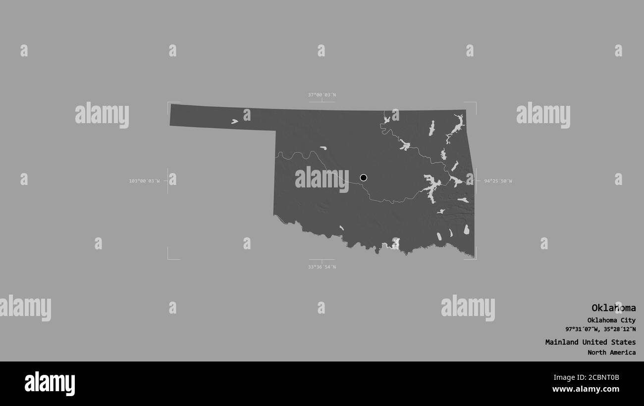 Area of Oklahoma, state of Mainland United States, isolated on a solid