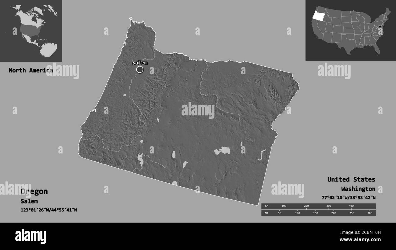 Shape of Oregon, state of Mainland United States, and its capital