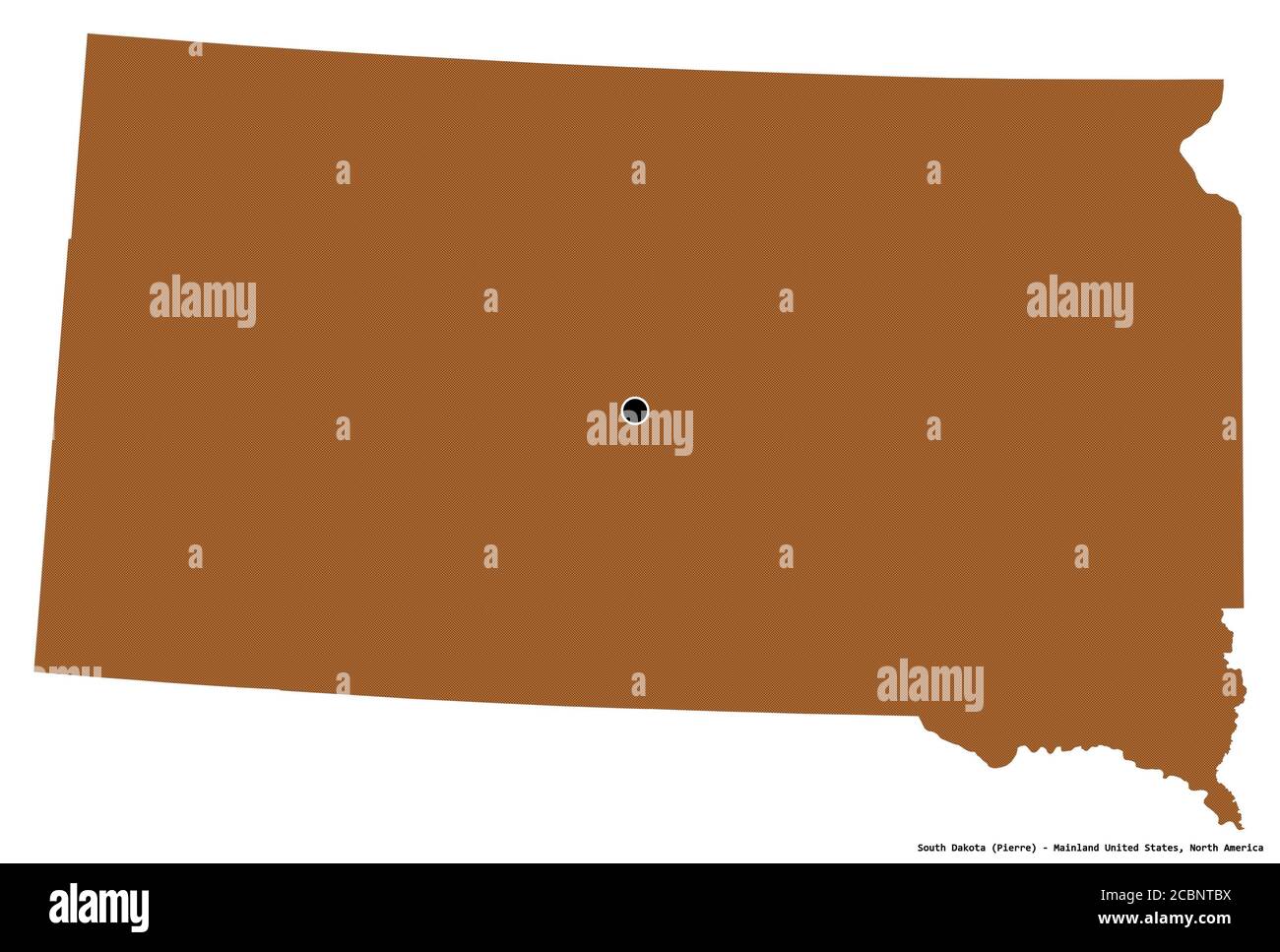 Shape of South Dakota, state of Mainland United States, with its capital isolated on white background. Composition of patterned textures. 3D rendering Stock Photo