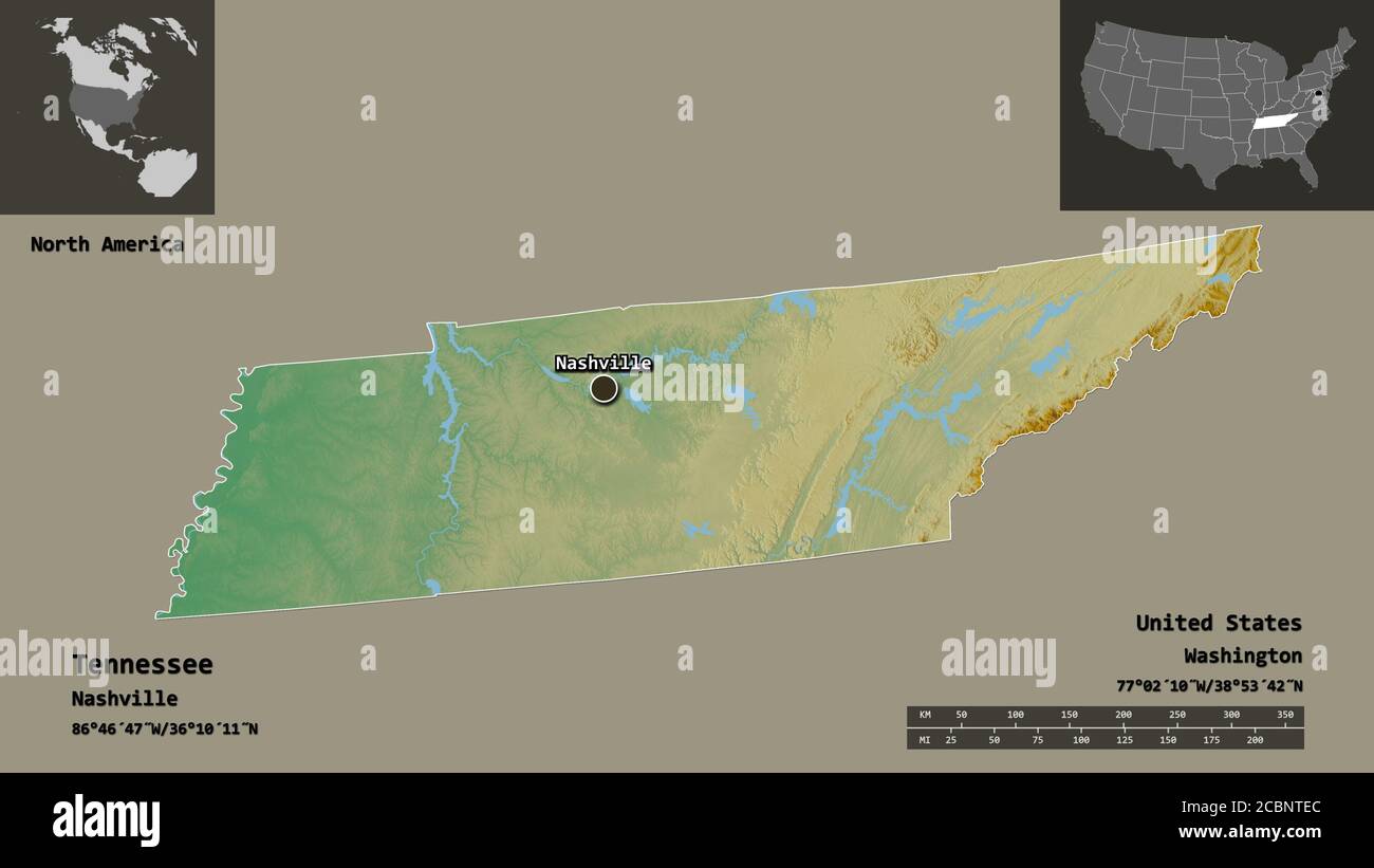 Shape Of Tennessee State Of Mainland United States And Its Capital Shape Of Tennessee State Of Mainland United States And Its Capital Distance Scale Previews And Labels Topographic Relief Map 3d Rendering 2CBNTEC