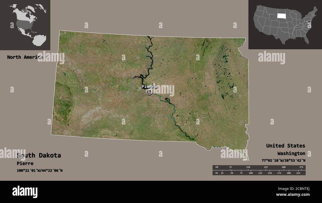 South Dakota Satellite Map Shape Of South Dakota, State Of Mainland United States, And Its Capital.  Distance Scale, Previews And Labels. Satellite Imagery. 3D Rendering Stock  Photo - Alamy
