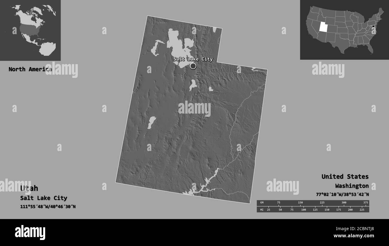 Shape of Utah, state of Mainland United States, and its capital