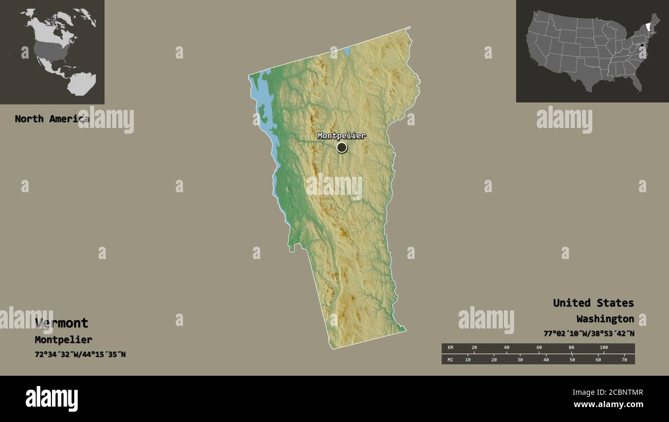 Shape Of Vermont State Of Mainland United States And Its Capital Shape Of Vermont State Of Mainland United States And Its Capital Distance Scale Previews And Labels Topographic Relief Map 3d Rendering 2CBNTMR