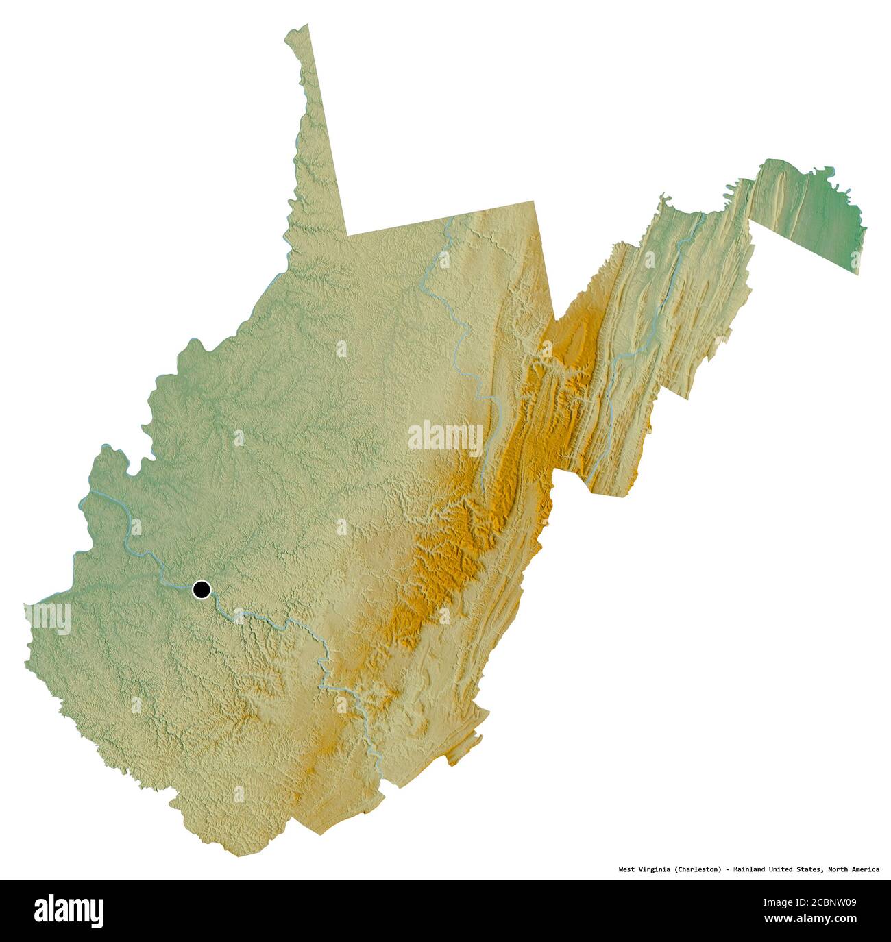 Shape of West Virginia, state of Mainland United States, with its capital isolated on white