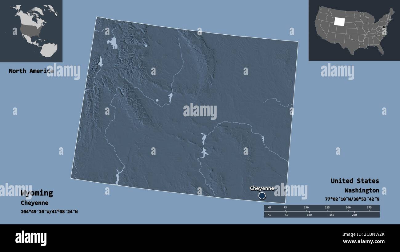 Shape of Wyoming, state of Mainland United States, and its capital
