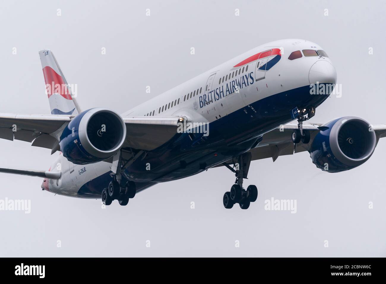 British Airways Boeing 787 Dreamliner jet airliner plane G-ZBJE landing at London Heathrow Airport, UK, during COVID-19 Coronavirus pandemic. Stock Photo